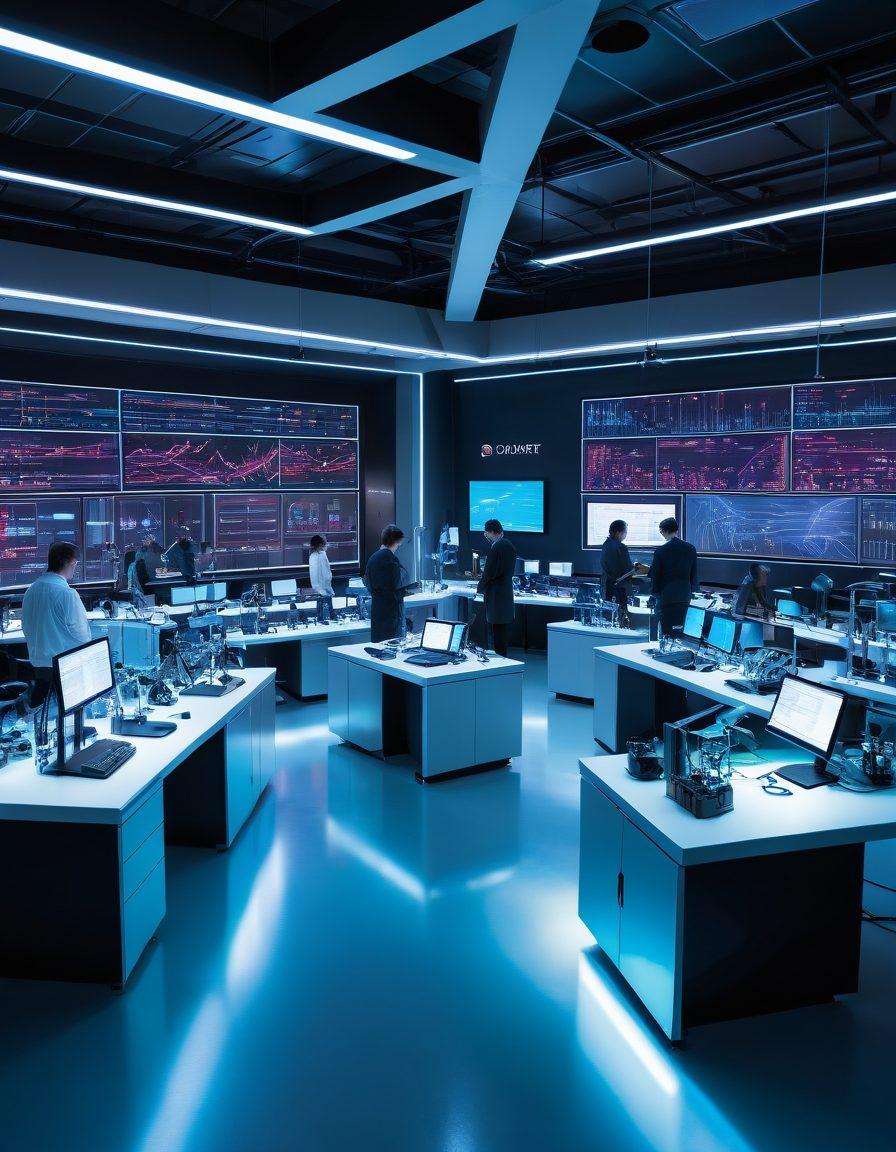 A futuristic laboratory filled with advanced equipment like robotic arms, holographic displays, and interactive screens. Scientists in modern attire are actively collaborating, surrounded by colorful scientific supplies like test tubes, microscopes, and an array of lab gadgets. The ambiance is illuminated with bright LED lights and the walls are adorned with digital charts representing data analysis. super-realistic. vibrant colors. 3D.