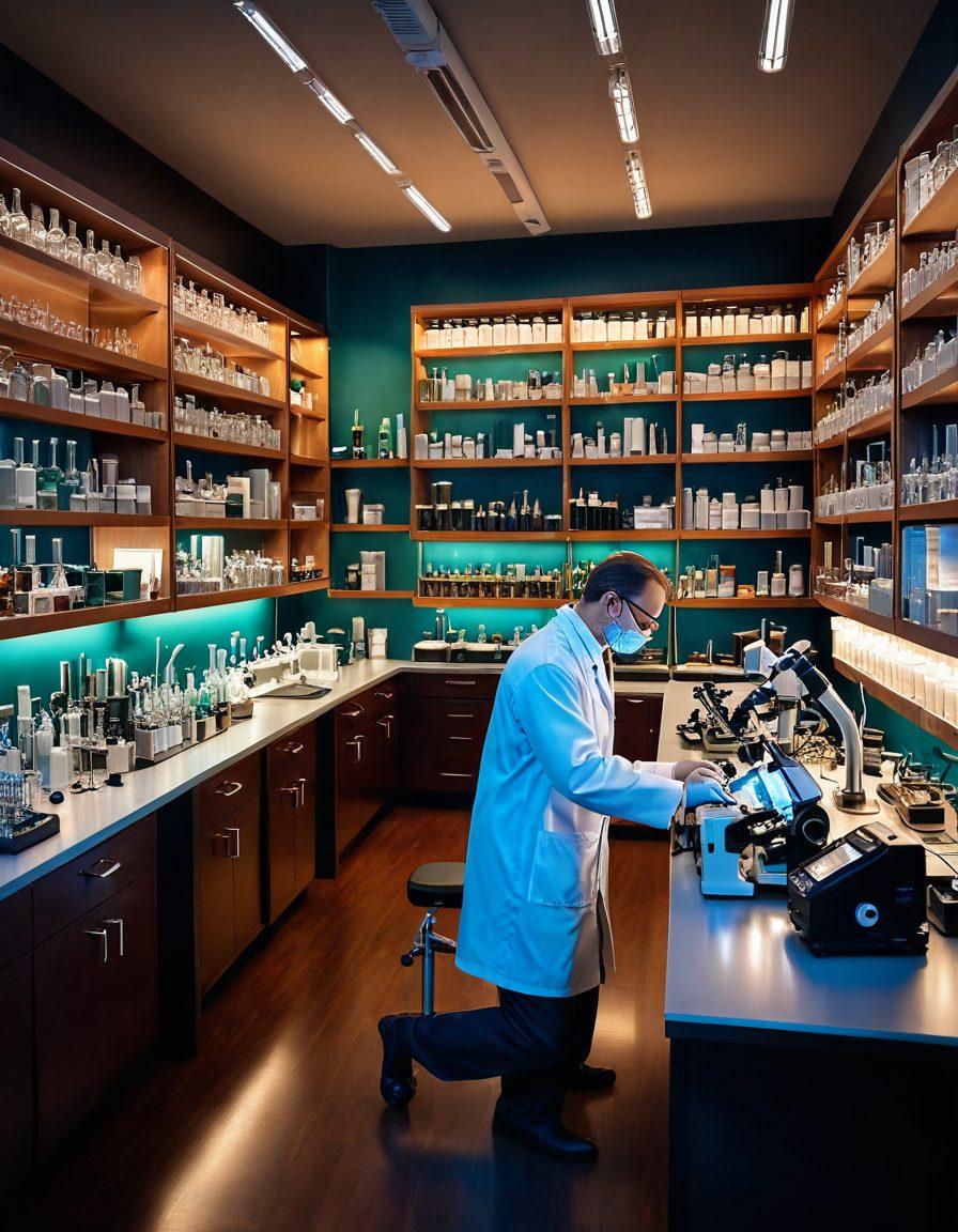 A well-organized laboratory scene featuring an array of advanced research instruments, such as microscopes, pipettes, and spectrometers, showcasing their intricate details. The background should have laboratory shelves filled with glassware and scientific books, conveying a sense of academic exploration. Soft lighting emphasizes the polished surfaces of the equipment, creating a professional yet inviting atmosphere. Include a scientist, a person in a lab coat, engaged in experimentation to add a dynamic human element. super-realistic. vibrant colors. 3D.