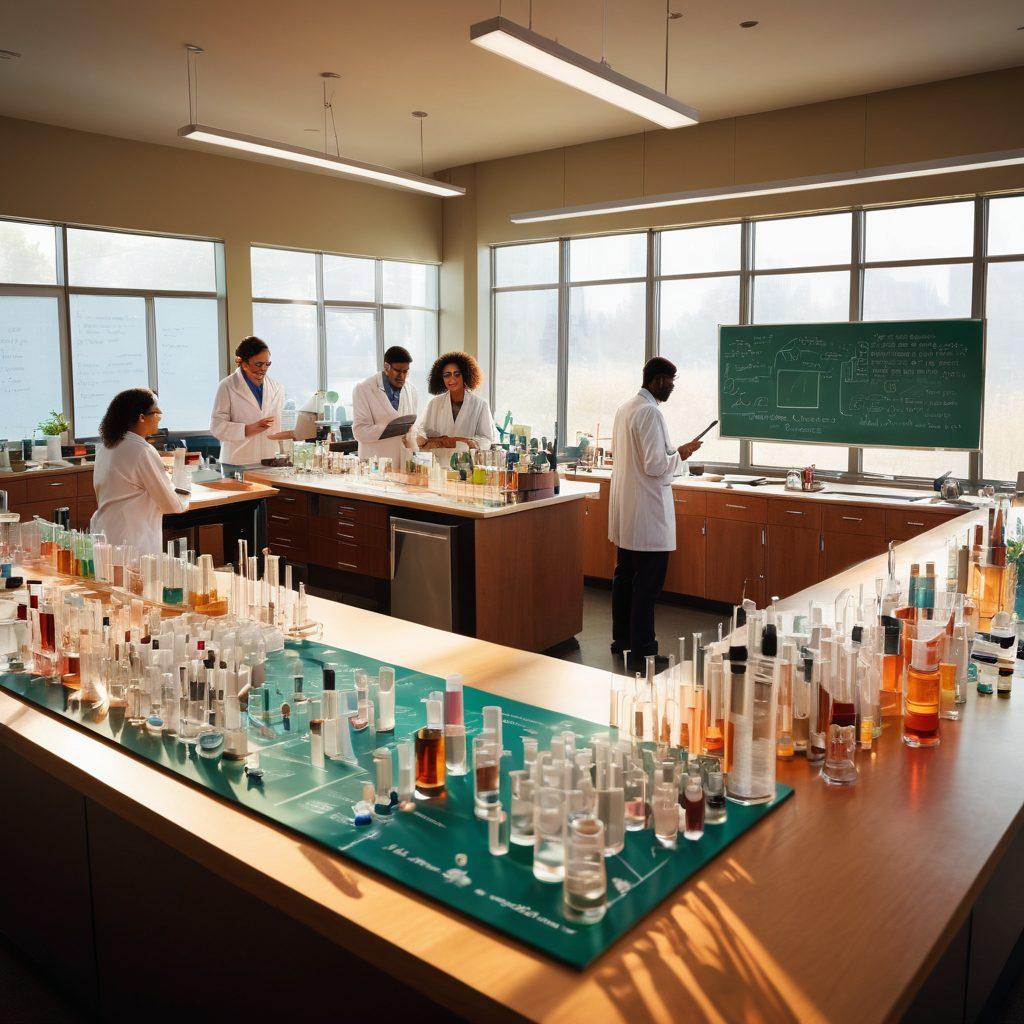 A vibrant and organized laboratory setting, showcasing essential scientific supplies like beakers, test tubes, and microscopes, placed on a sleek modern workstation. Include a diverse group of scientists collaboratively discussing innovative ideas, with a chalkboard filled with equations and diagrams in the background. Bright natural light streaming through large windows, creating an inspiring atmosphere of discovery. super-realistic. vibrant colors.